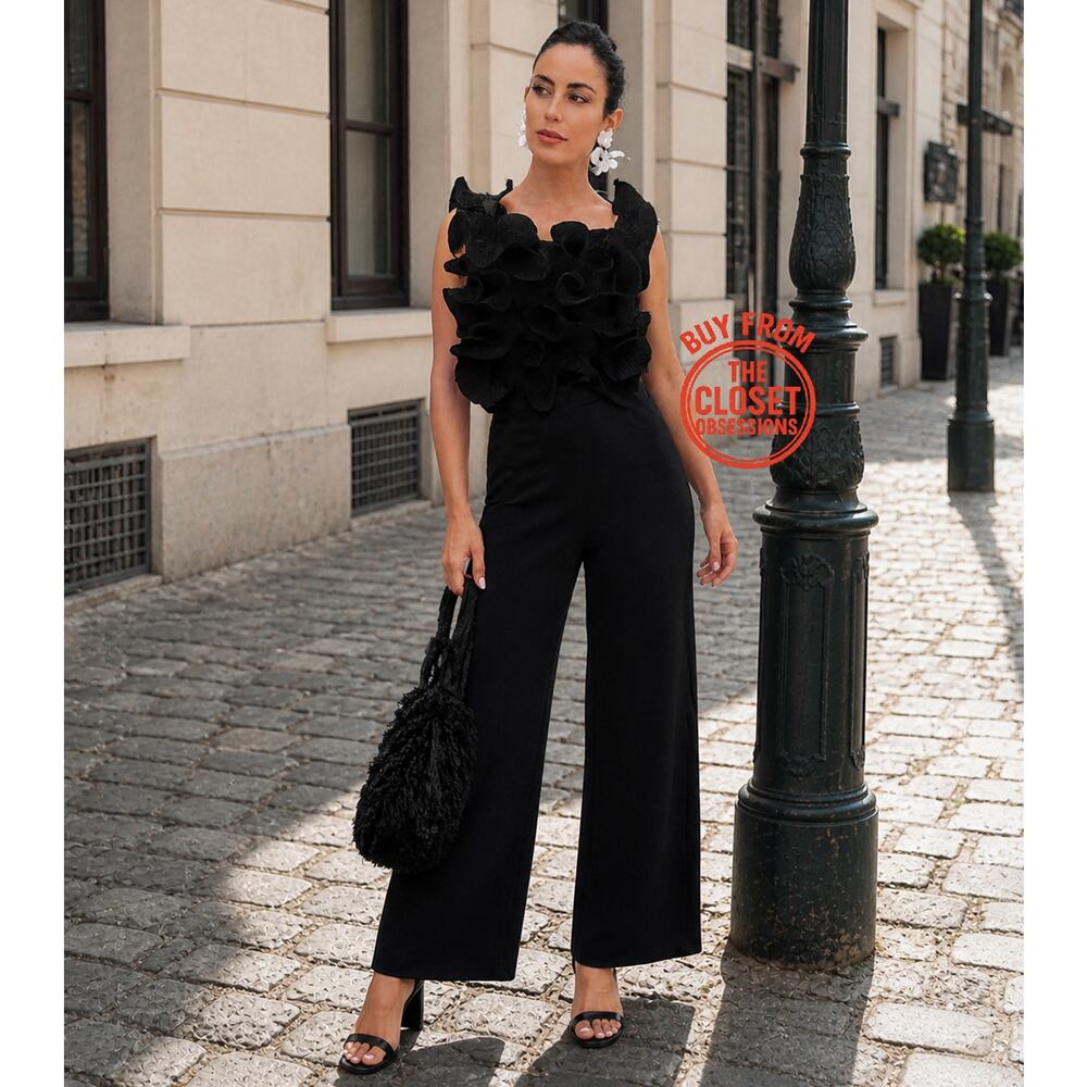 Zara Black Ruffle Wide Leg Jumpsuit Belted Sleeveless Elegant Evening Size M NWT - Picture 5 of 16